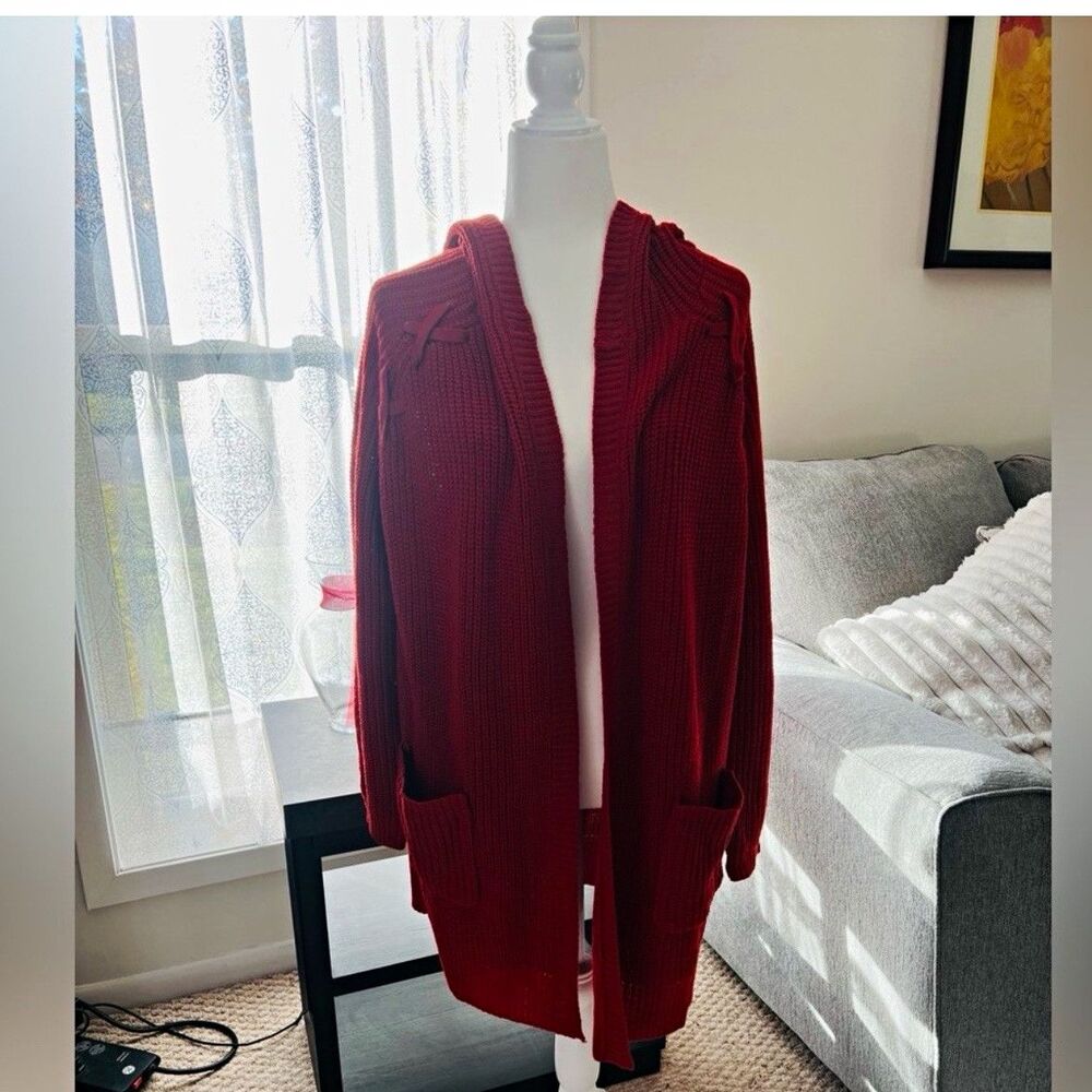 Signature Studio Women’s Red Hooded Open Front Knit Cardigan Sweater Pockets L